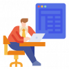Icon of man sitting at table doing calculations on a laptop computer